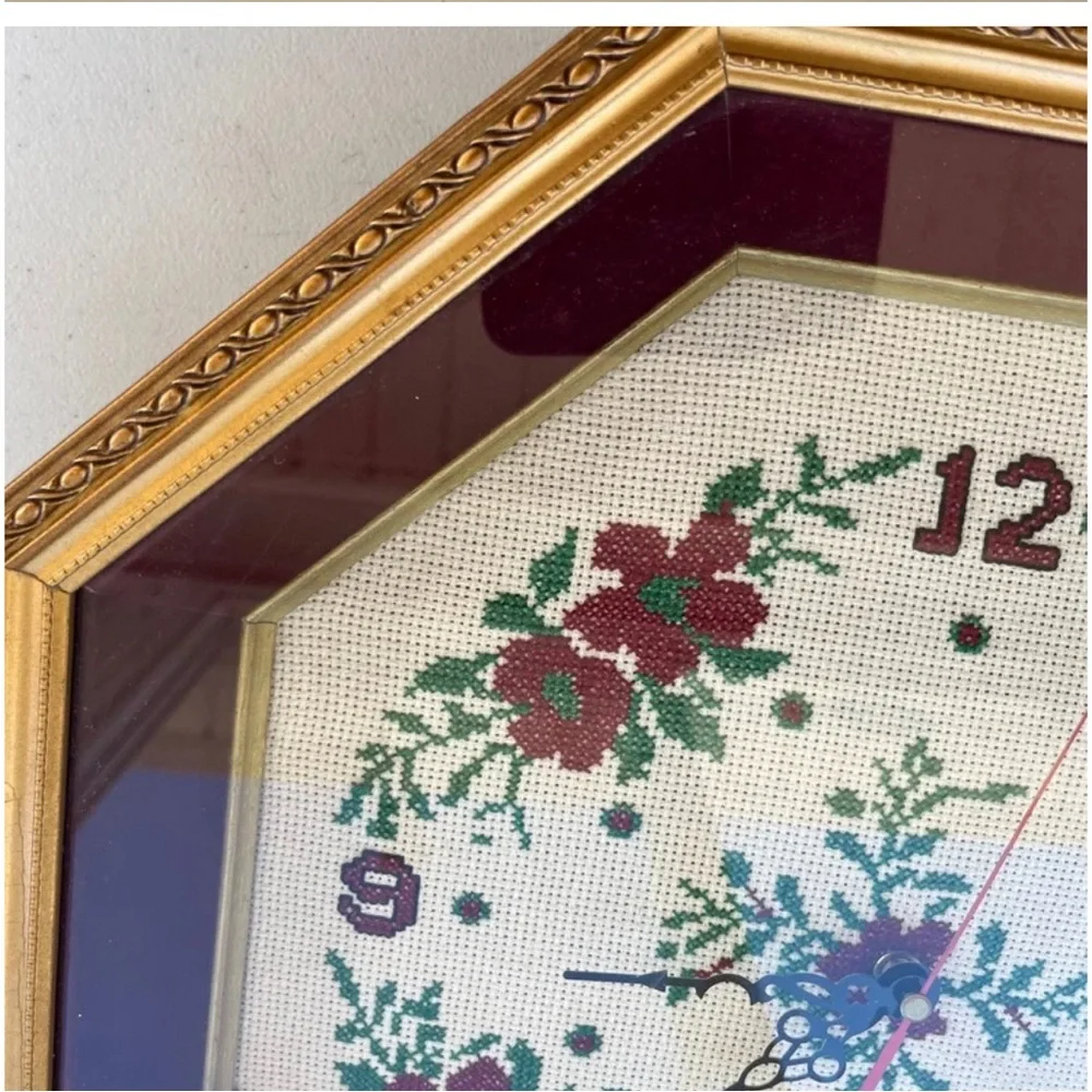 Clock Handmade Vintage Framed Floral embroidery Clock